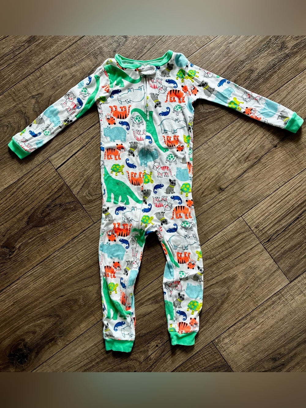 Green-Trim Dinosaur & Animal Footed One-Piece for Kids